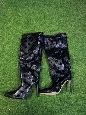 Fashion Nova Trace Woven Caged Knee High Heeled Boots